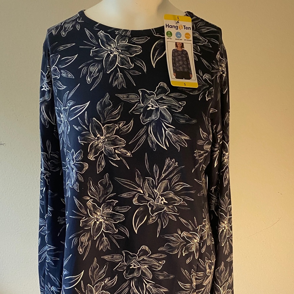 Hang Ten Navy & White Floral Long Sleeve Top UPF 50 Quick Dry Shirt